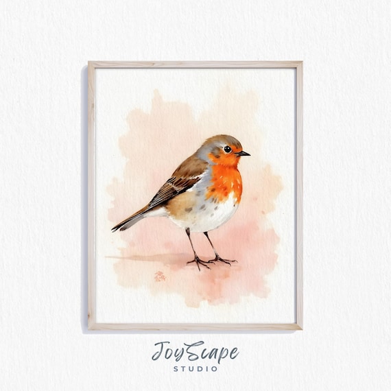 European Robin With Bright Orange Breast Watercolor Bird Art Poster