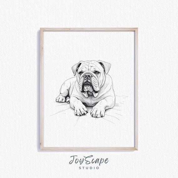 Bulldog Sketch Art Rustic Dog Illustration Black And White Wall Decor Vintage Animal Drawing Pet Lover Gift Print