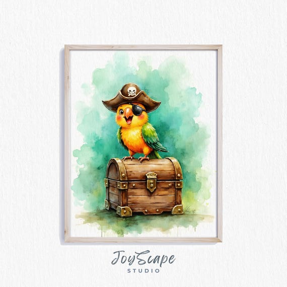 Funny Parrot With Pirate Hat Watercolor Wall Art Kids Room Decor Whimsical Animal Illustration Instant 564
