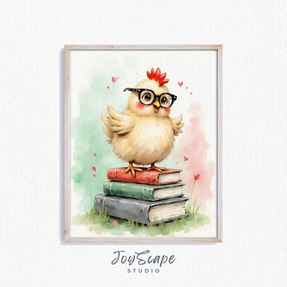 Funny Chicken Watercolor Print Cute Glasses Wall Art Nursery Decor Kids Room Illustration Instant 514