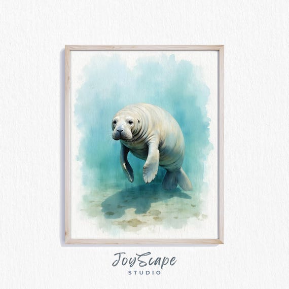Manatee Watercolor Art Coastal Ocean Decor Tranquil Sea Life Painting Beach Nursery Wall Print 222