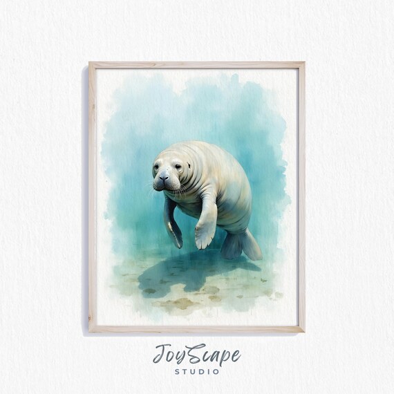 Manatee Watercolor Tranquil Blue Ocean Coastal Animal Art Poster