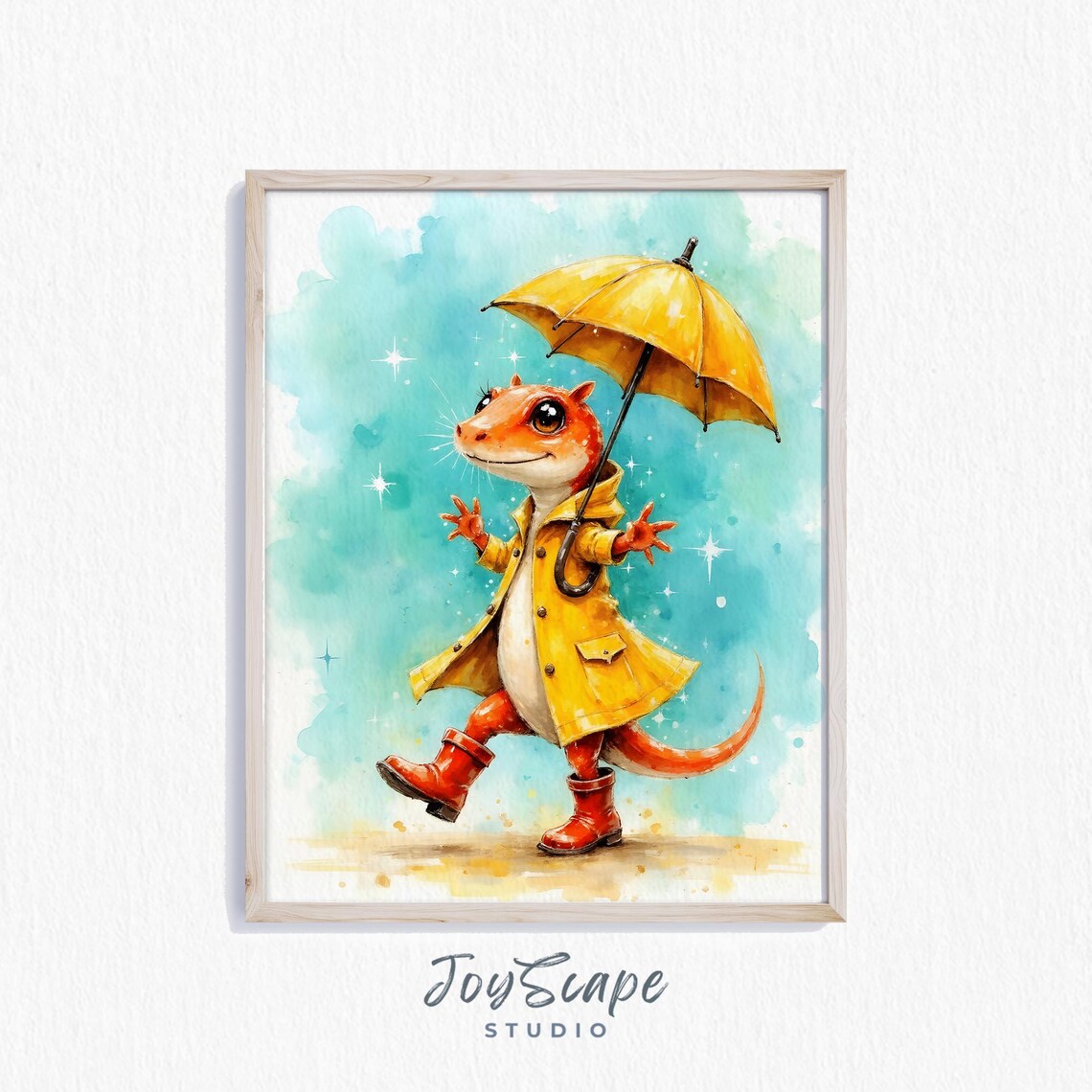 Cute Salamander Raincoat Umbrella Watercolor Nursery Animal Poster