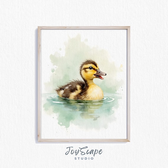 Mallard Duckling Watercolor Yellow Brown Baby Duck Swimming Poster