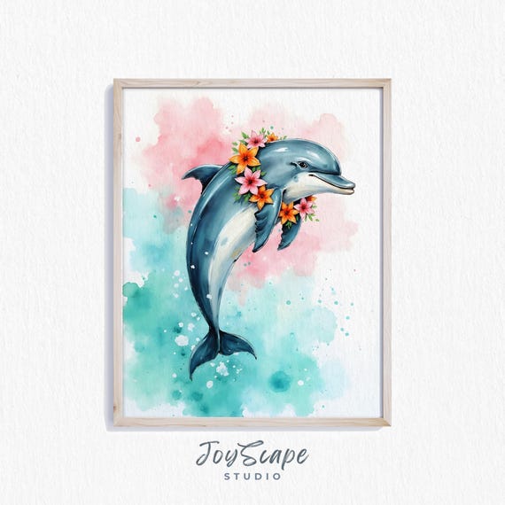 Funny Dolphin Watercolor Print Wall Art Tropical Ocean Decor Kids Room Animal Nursery Instant 524