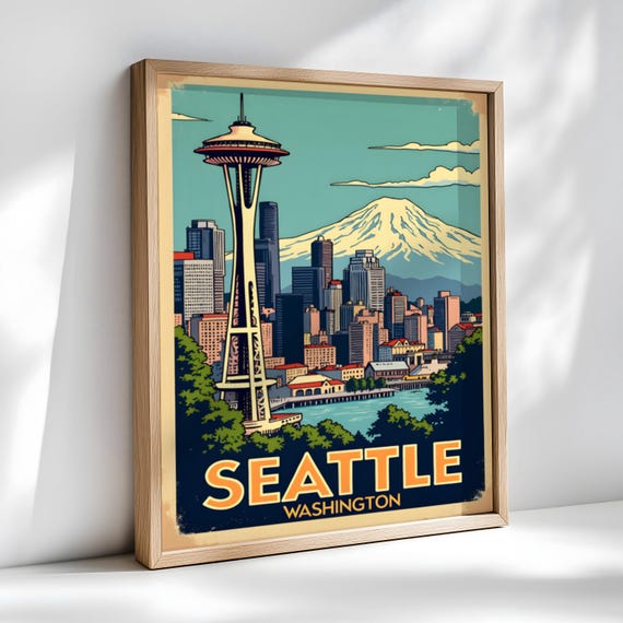 Seattle Washington Retro Travel Poster Downtown Space Needle Skyline