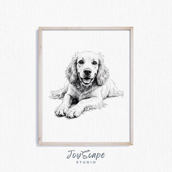 Cocker Spaniel Sketch Rustic Dog Wall Art Vintage Puppy Decor Pet Portrait Black And White Illustration