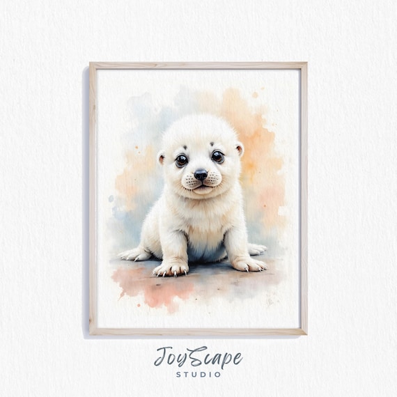 Baby Harp Seal Pup Watercolor Nursery Poster Cute White Seal