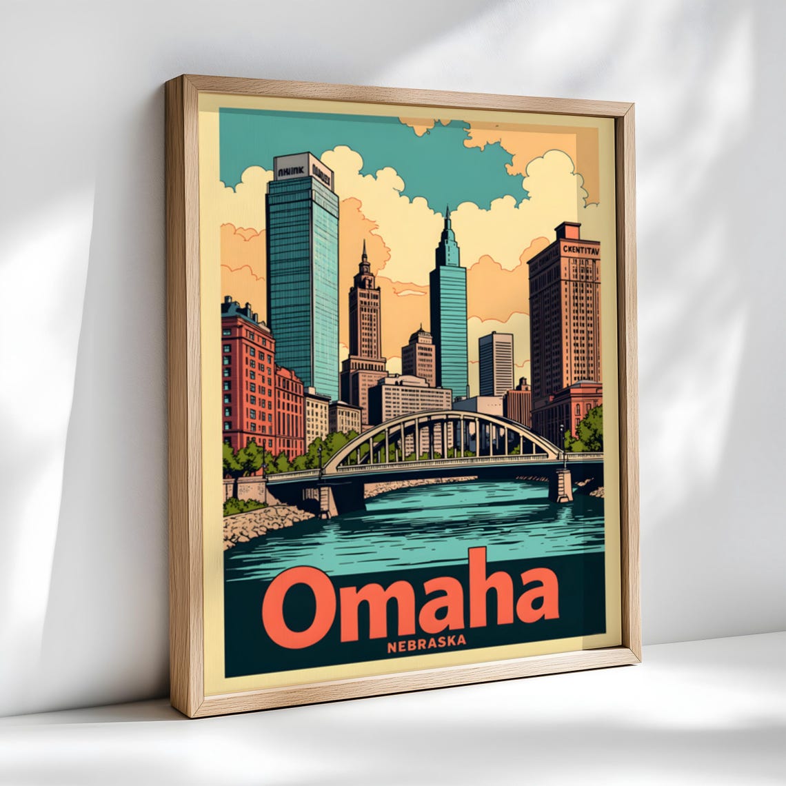 Omaha Nebraska Retro Skyline With River Bridge Vintage Travel Poster