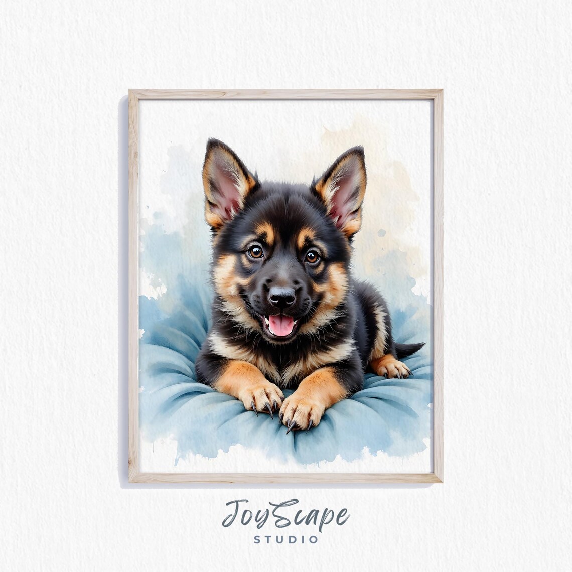 German Shepherd Puppy on Blue Pillow Watercolor Portrait Poster