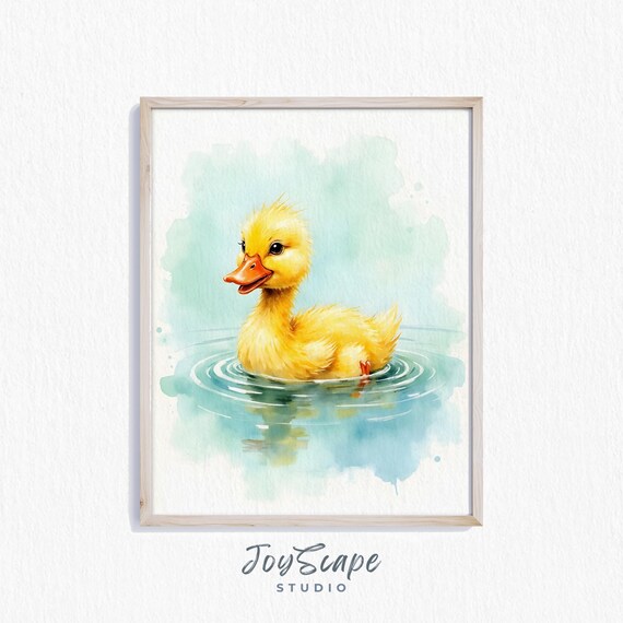 Pekin Duckling Watercolor Fluffy Yellow Baby Duck Swimming Poster