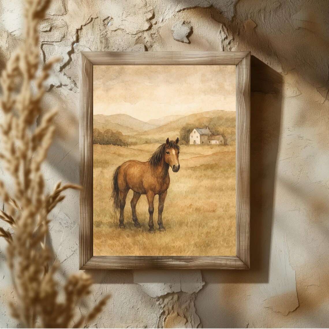 Chestnut Horse in a Golden Field with Farmhouse Country Wall Art
