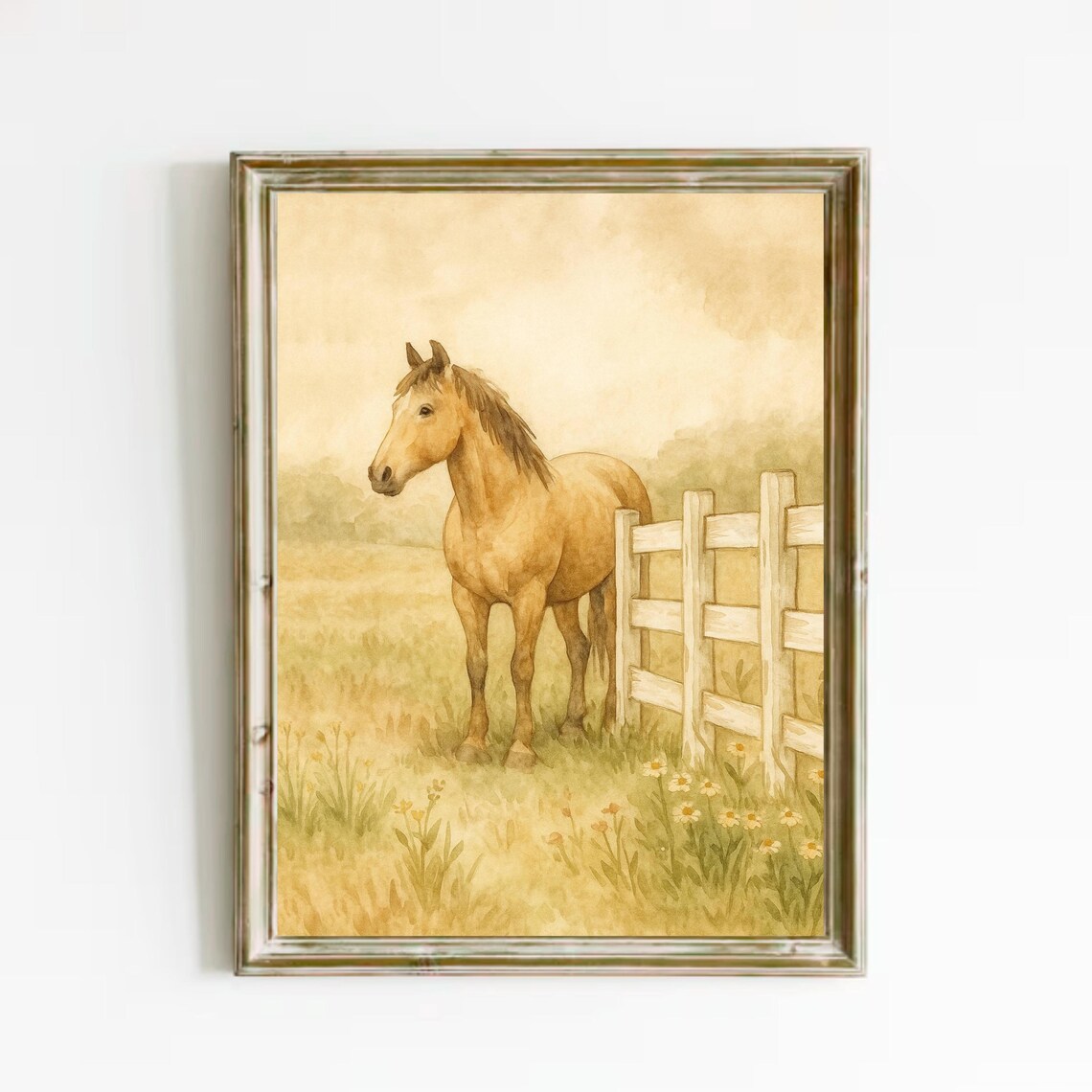 Brown Horse by a White Fence in a Meadow Country Watercolor Poster