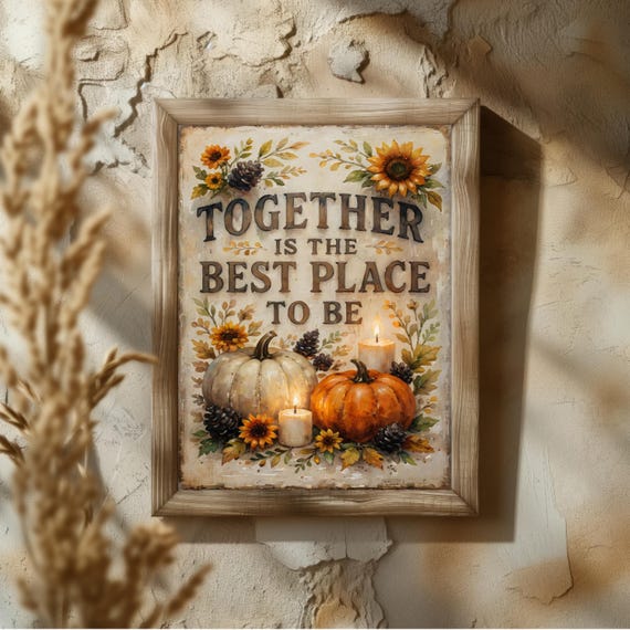 Together Is The Best Place To Be Autumn Farmhouse Wall Art Pumpkin Sunflower Rustic Thanksgiving Home Poster