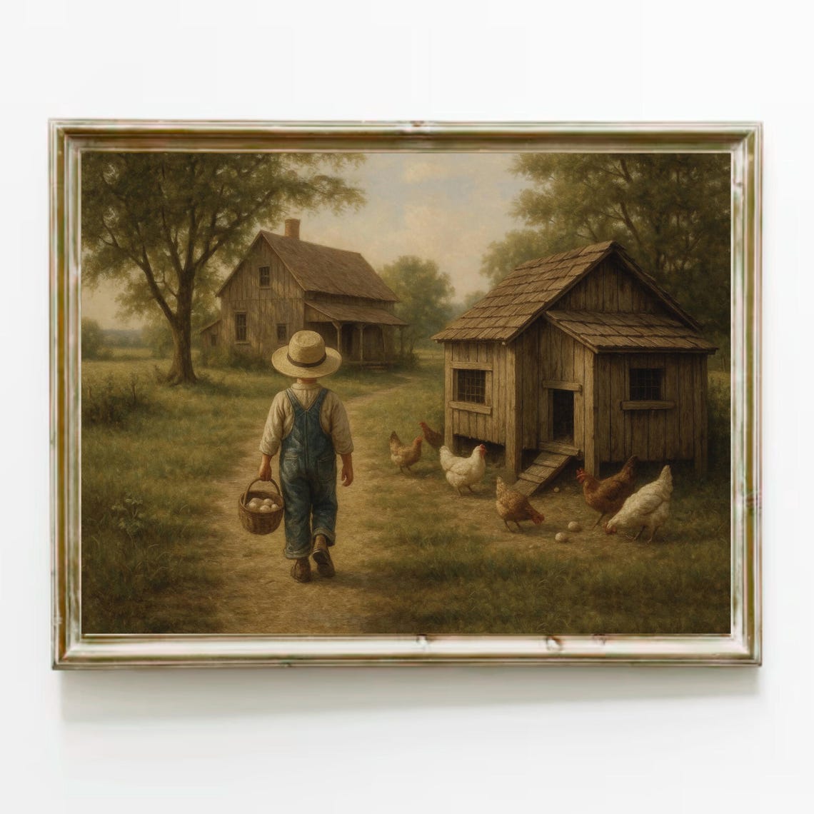 Country Boy Gathering Eggs at the Farmhouse Americana Vintage Poster