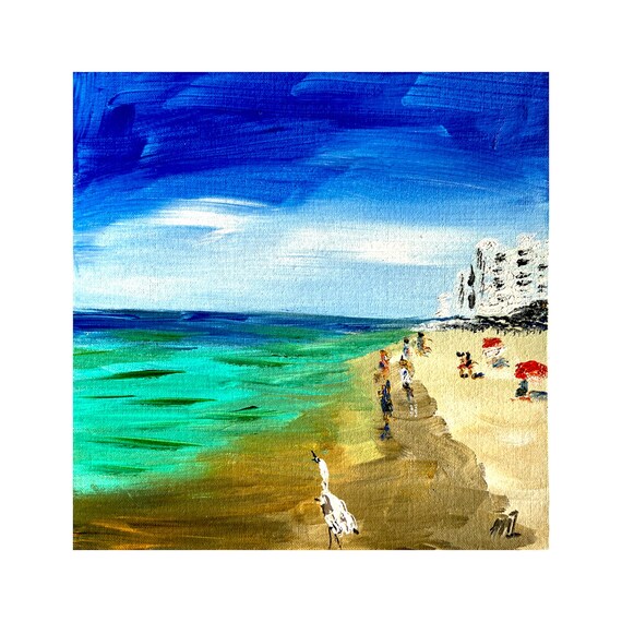 Family Beach Day Painting People Shore Ocean Condos Coastal Wall Art Print