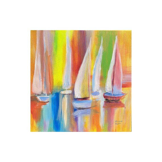 Abstract Colorful Sailboats Sunset Sea Rainbow Modern Nautical Wall Poster