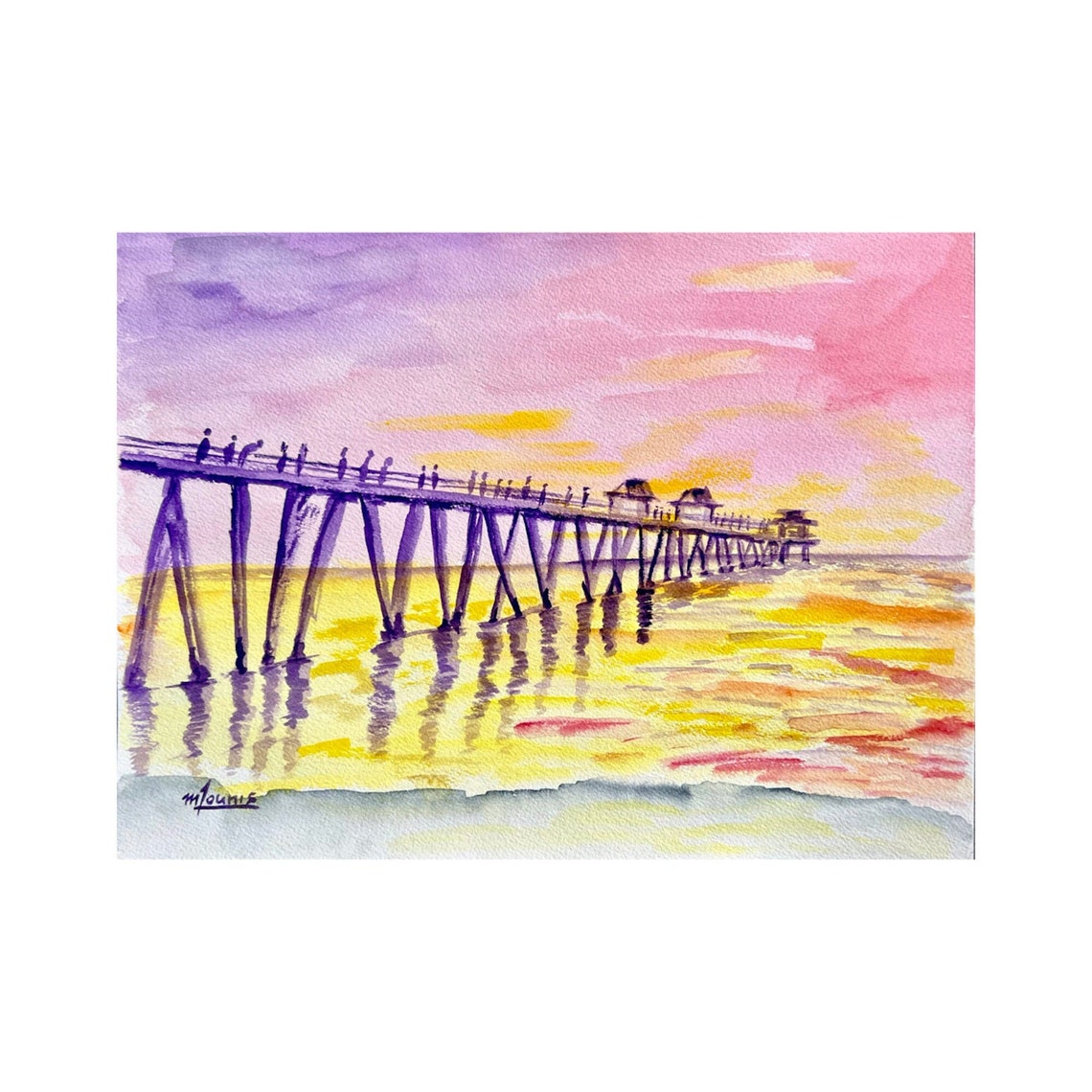 Fishing Pier Pink Sunset Watercolor Golden Ocean Waves Poster