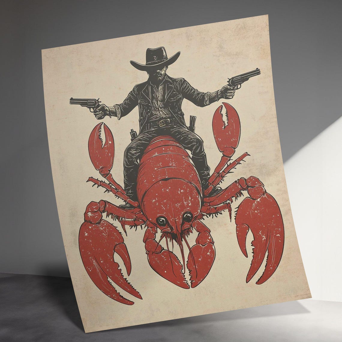 Cowboy Riding Giant Red Lobster Funny Western Retro Wall Art Poster - Image 3