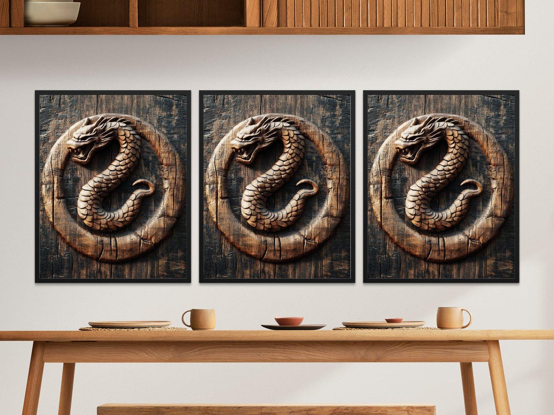 Carved Wooden Dragon Circle Rustic Medieval Fantasy Wall Art Poster - Image 3