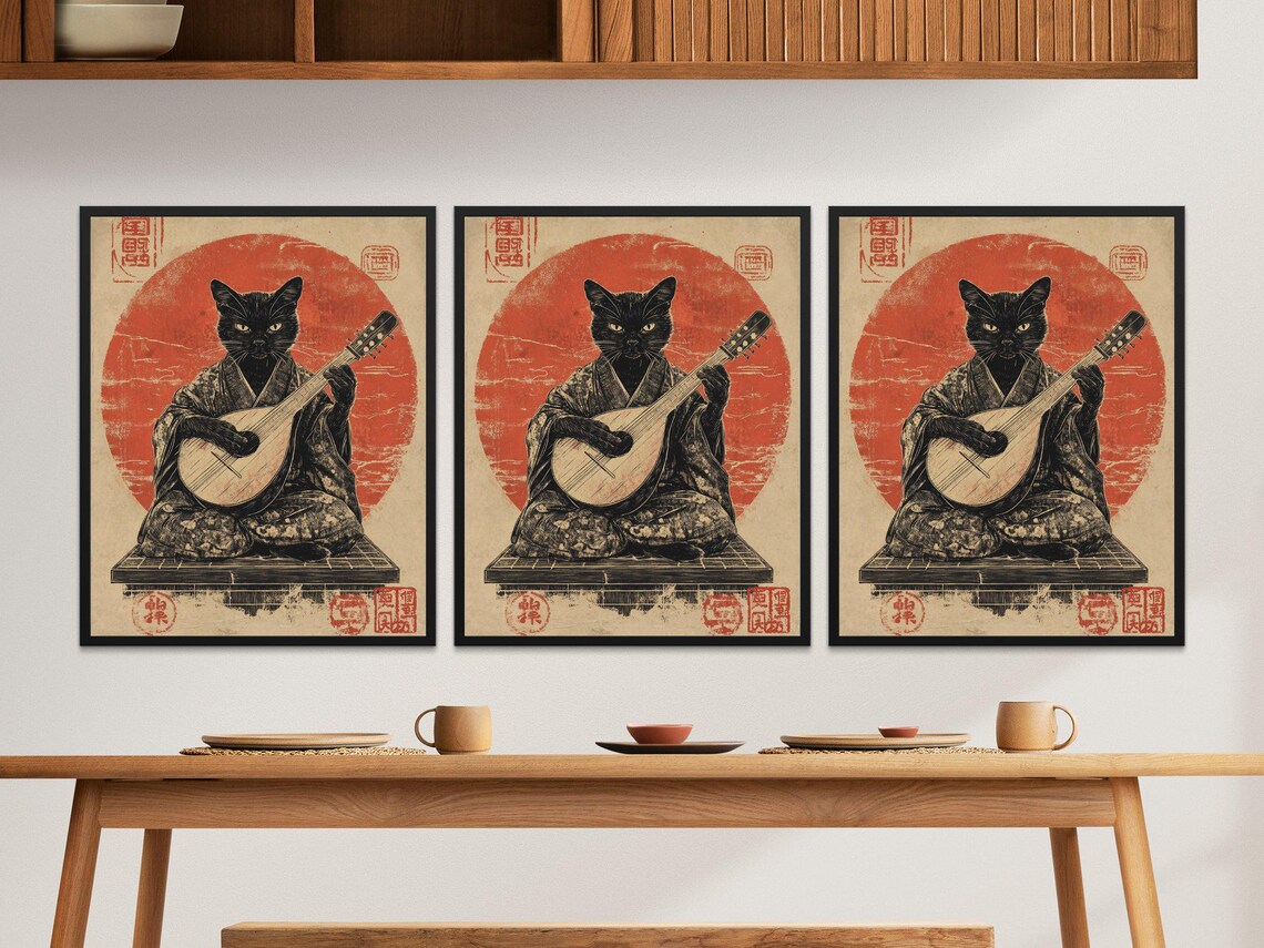Black Cat Lute Player Japanese Kimono Rising Sun Vintage Music Art Poster - Image 2