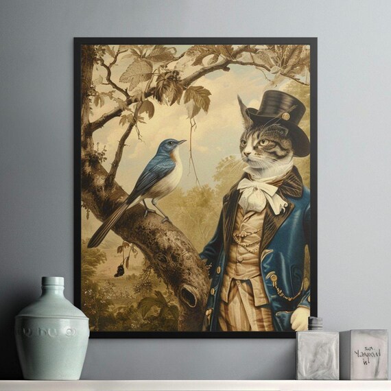 Victorian Gentleman Cat in Top Hat With Bluebird Vintage Style Poster