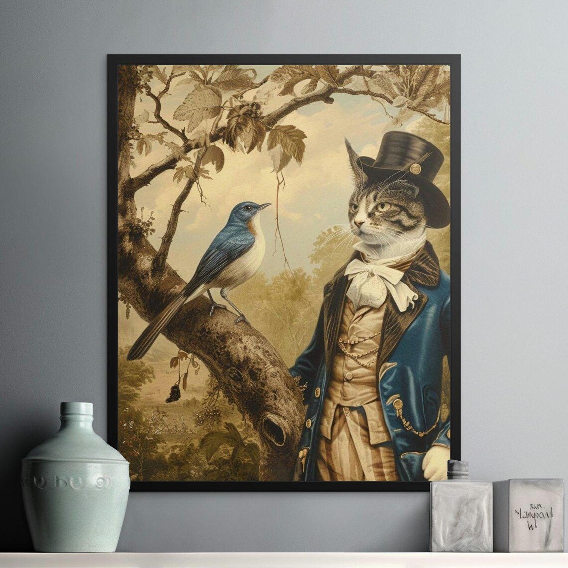 Victorian Gentleman Cat in Top Hat With Bluebird Vintage Style Poster