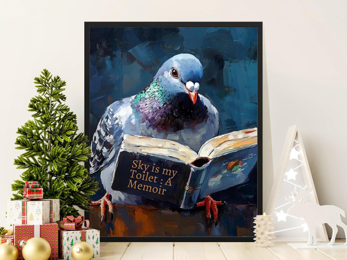 Funny Pigeon Reading Sky Is My Toilet Memoir Book Oil Painting Poster