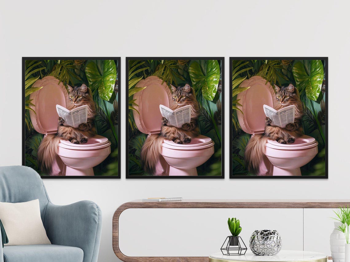 Long Haired Cat Reading Newspaper On Pink Toilet Tropical Wall Art - Image 2