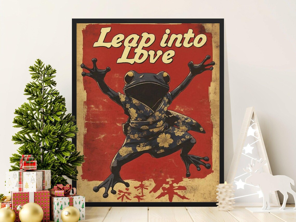 Leap Into Love Frog Kimono Retro Japanese Style Humorous Wall Art Poster