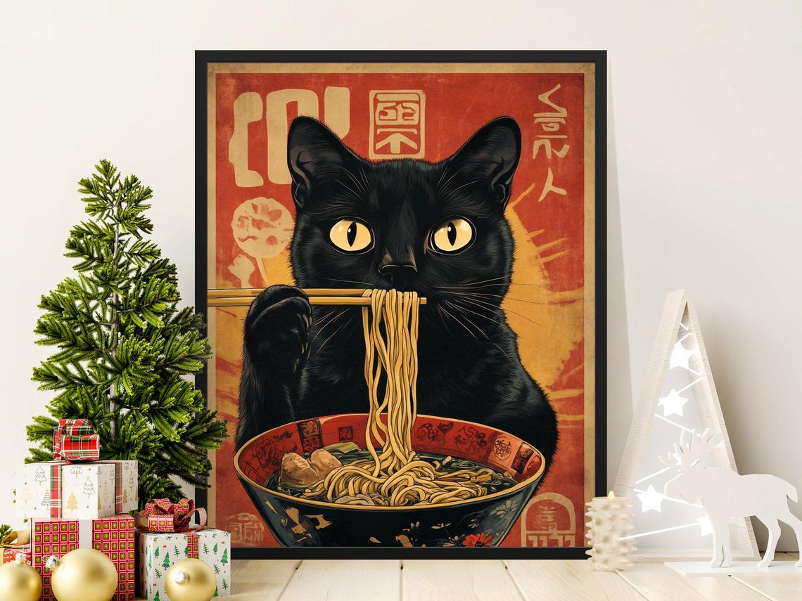 Black Cat Eating Ramen Red Retro Japanese Kitchen Noodle Art Poster