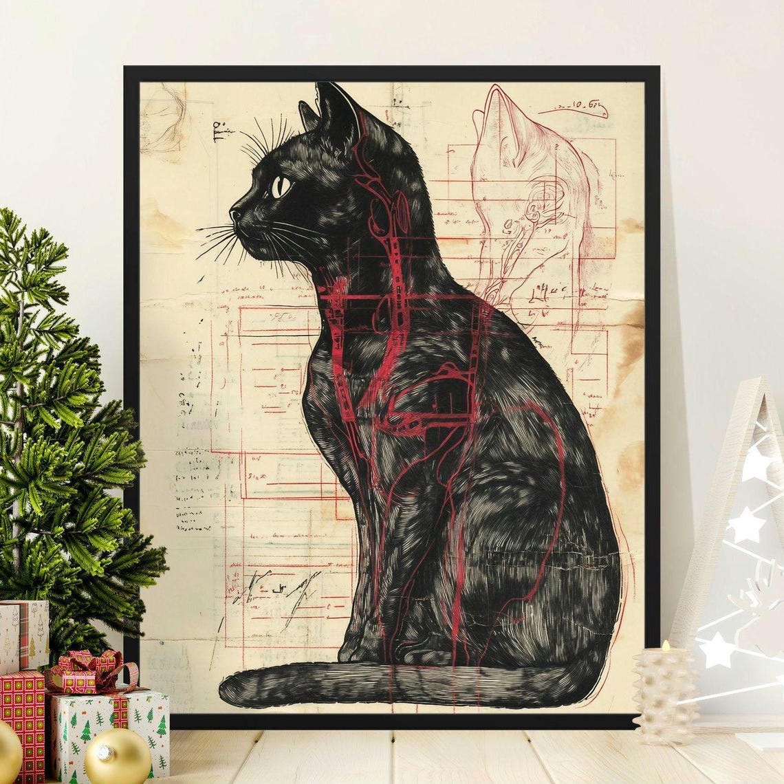 Black Cat Anatomy Illustration Vintage Blueprint Diagram Style Poster