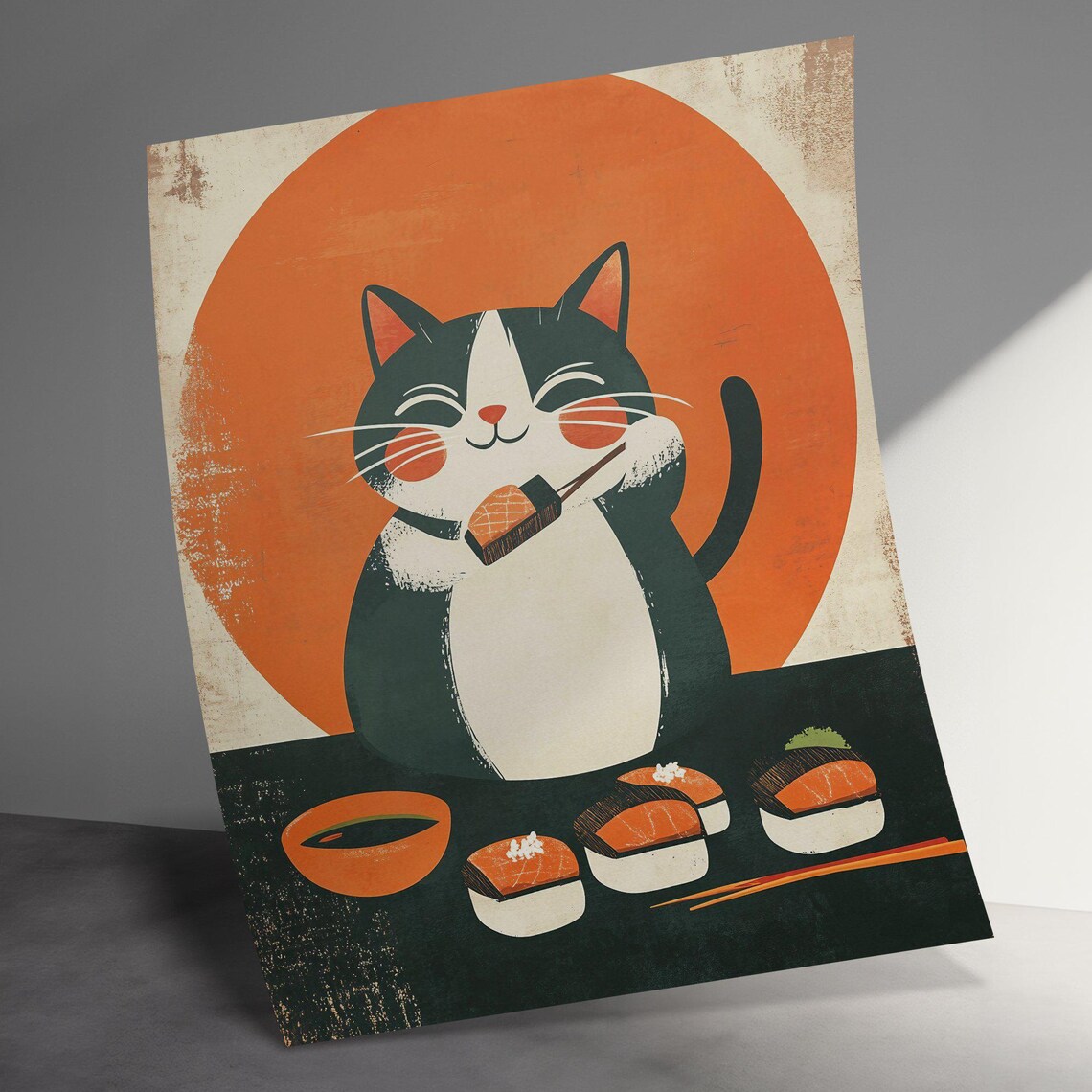 Smiling Tuxedo Cat Sushi Chopsticks Orange Rising Sun Retro Kitchen Poster - Image 3