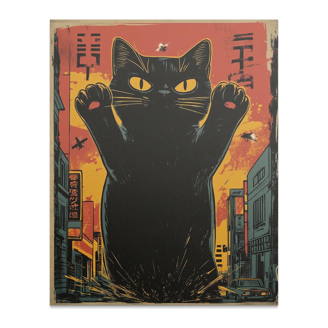 Giant Black Cat Kaiju Stomping City Street Red Vintage Japanese Art Poster - Image 2