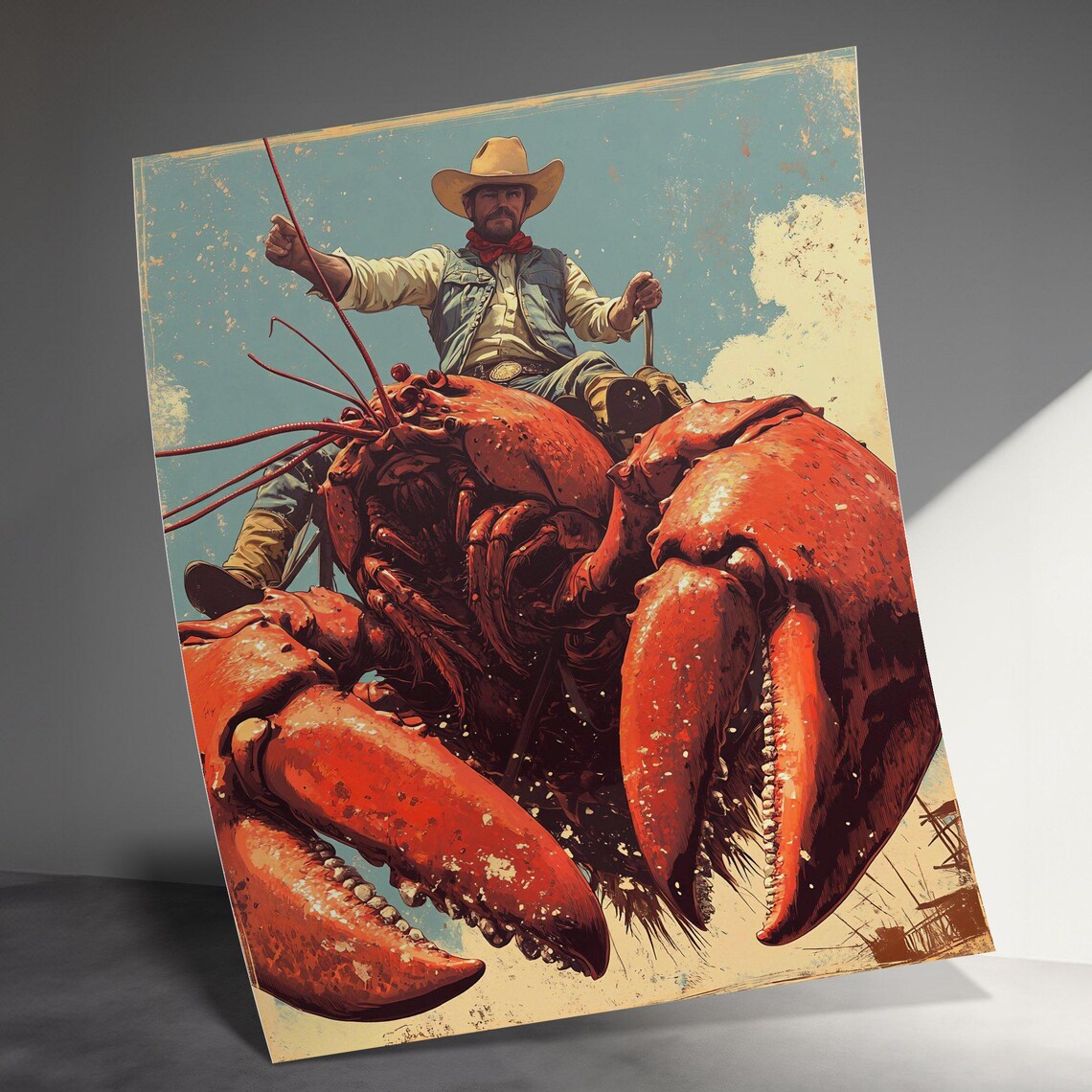 Cowboy Riding Giant Lobster Surreal Vintage Western Coastal Art Poster - Image 3