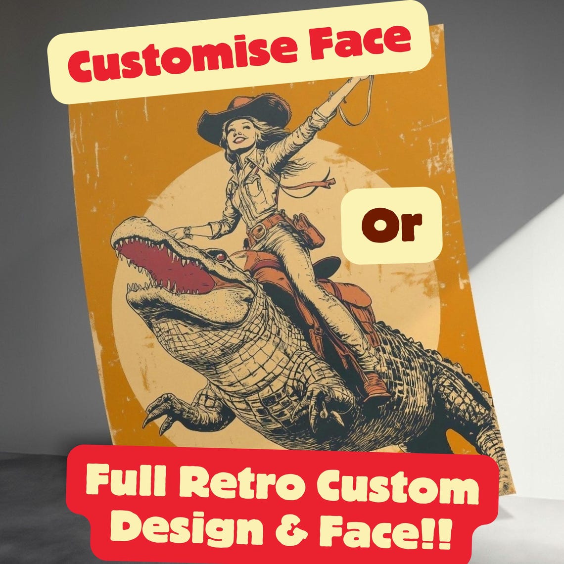 Custom Cowgirl Riding Alligator Retro Sepia Western Wildlife Poster