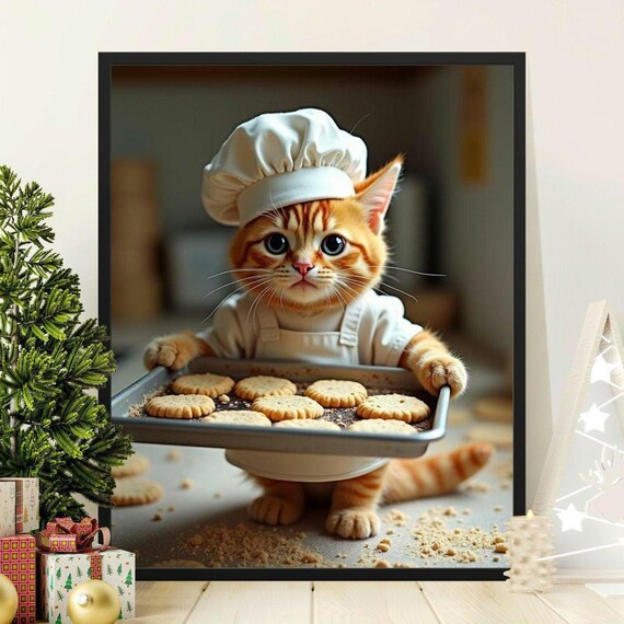 Adorable Chef Kitten Holding Cookies Funny Cat Kitchen Art Poster