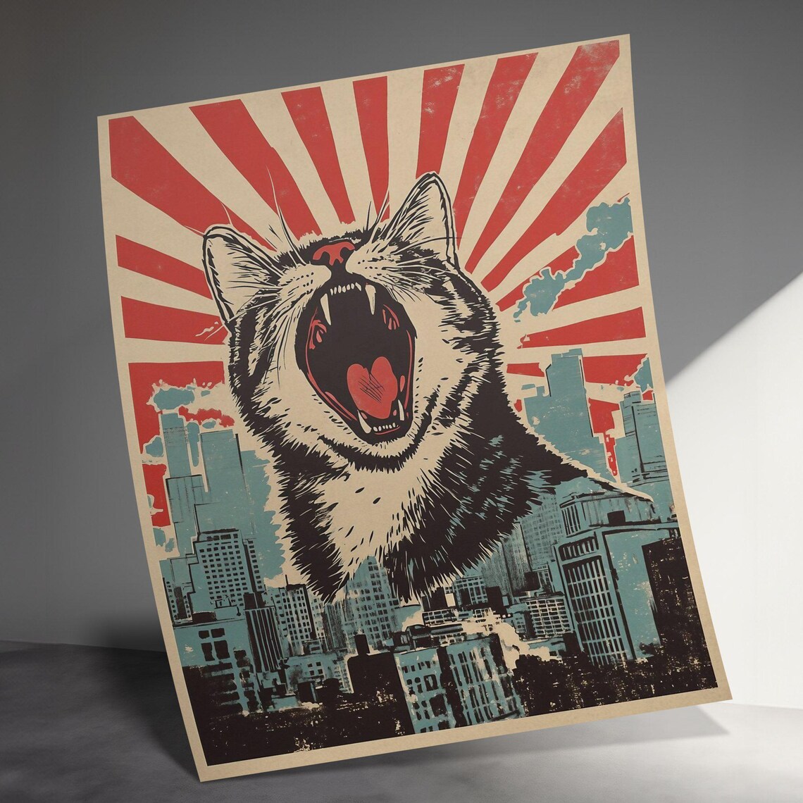 Giant Roaring Cat Over City Skyline Rising Sun Pop Art Wall Poster - Image 3