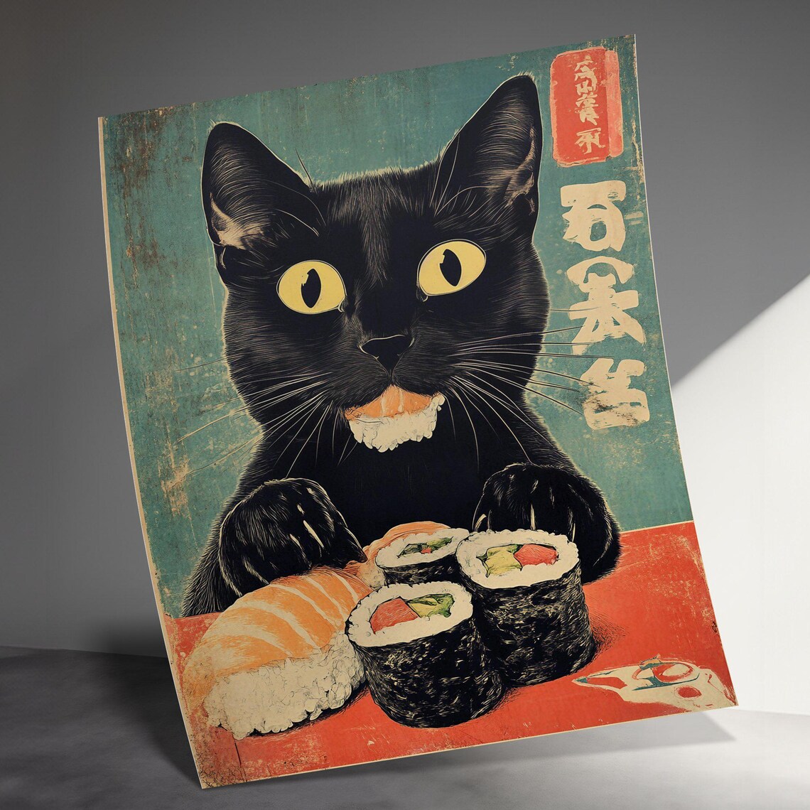 Black Cat Eating Sushi Nigiri And Maki Rolls Teal Retro Japanese Art Poster - Image 3
