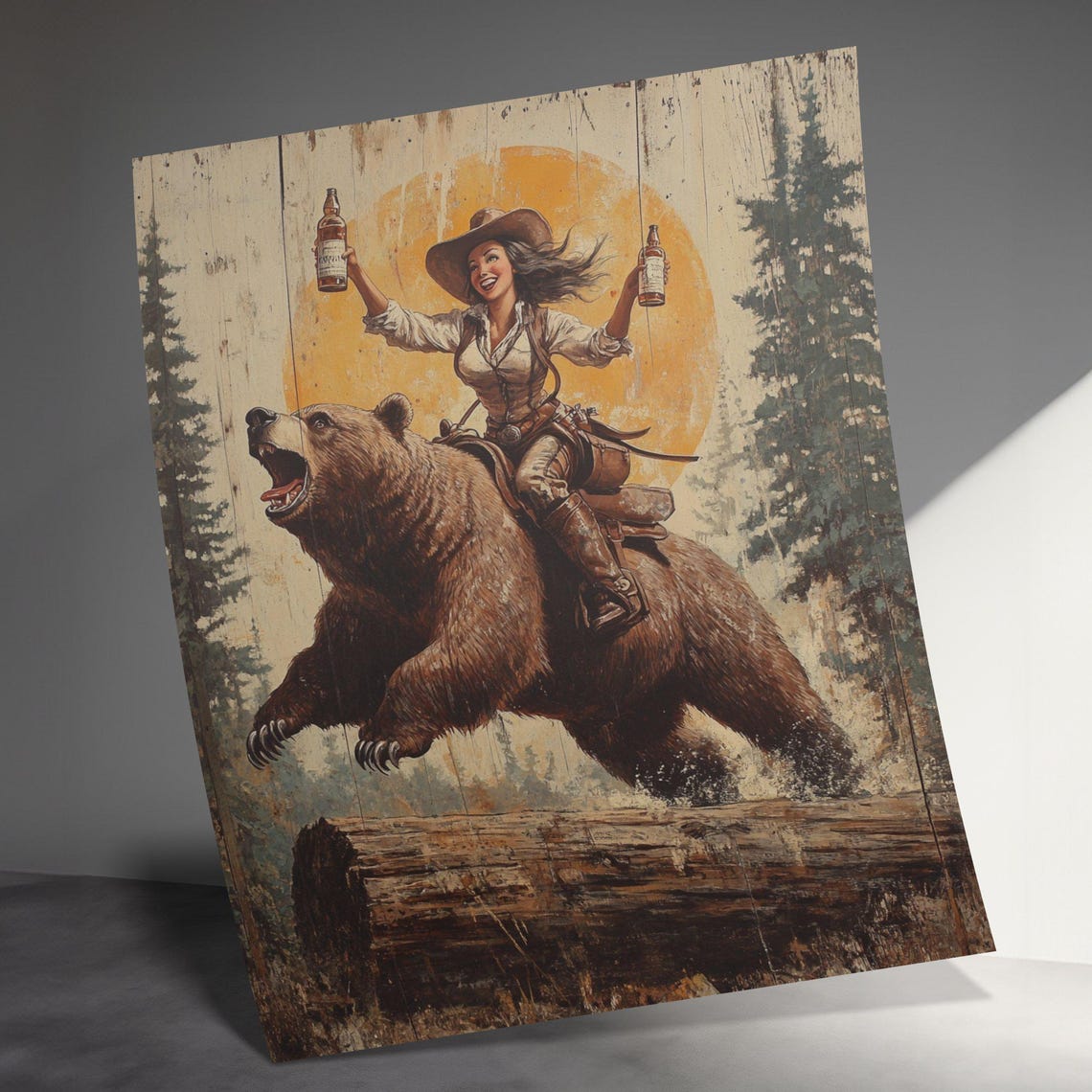 Wild West Cowgirl Riding Roaring Bear Double Bottle Sunset Poster - Image 3