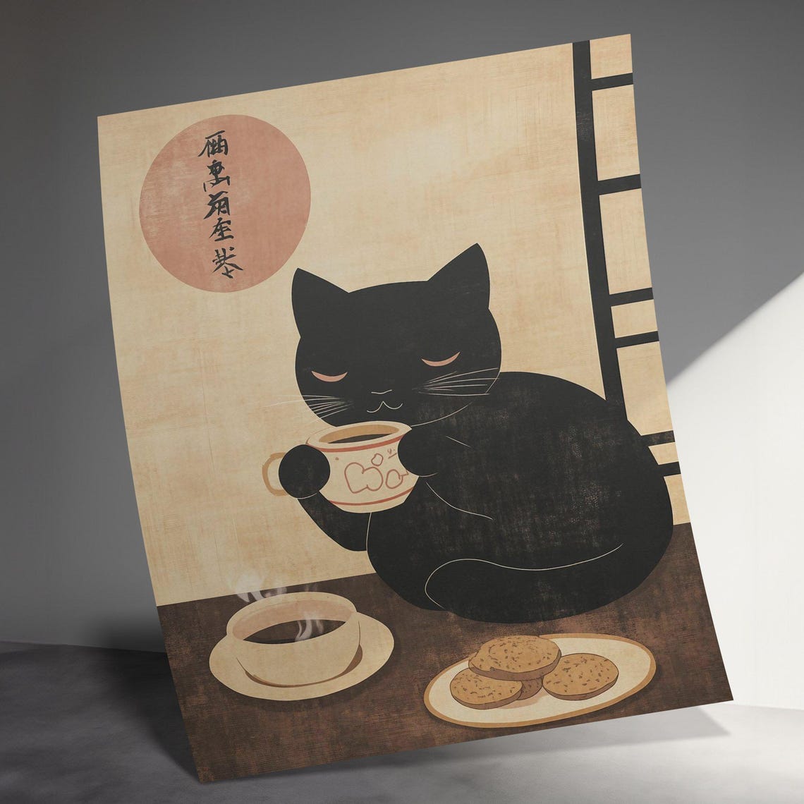 Black Cat Drinking Tea Japanese Minimalist Vintage Kitchen Wall Poster - Image 3