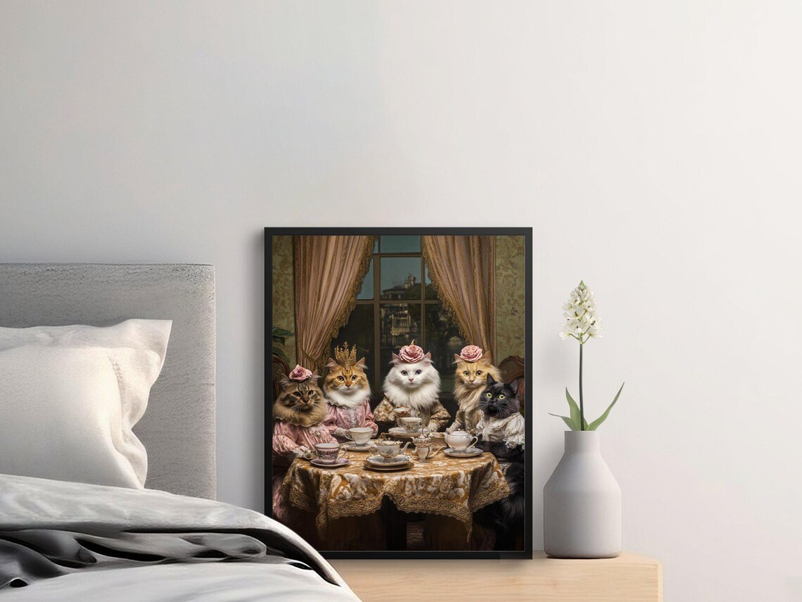 Victorian Cats Tea Party Five Elegant Dressed Feline Friends Poster - Image 2