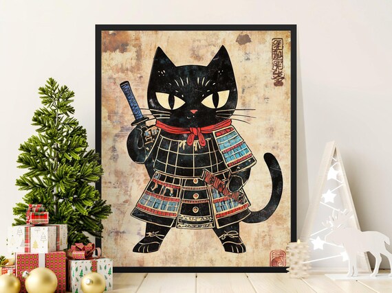 Black Cat Samurai In Armor With Katana Japanese Ink Style Poster