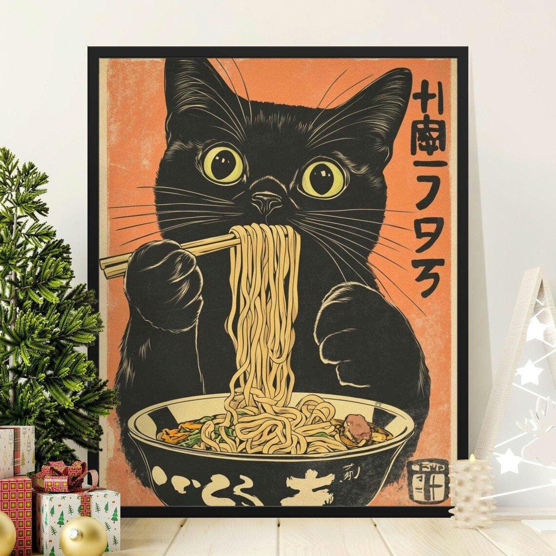 Vintage Cat Eating Ramen Noodles, Funny Cat Art Print