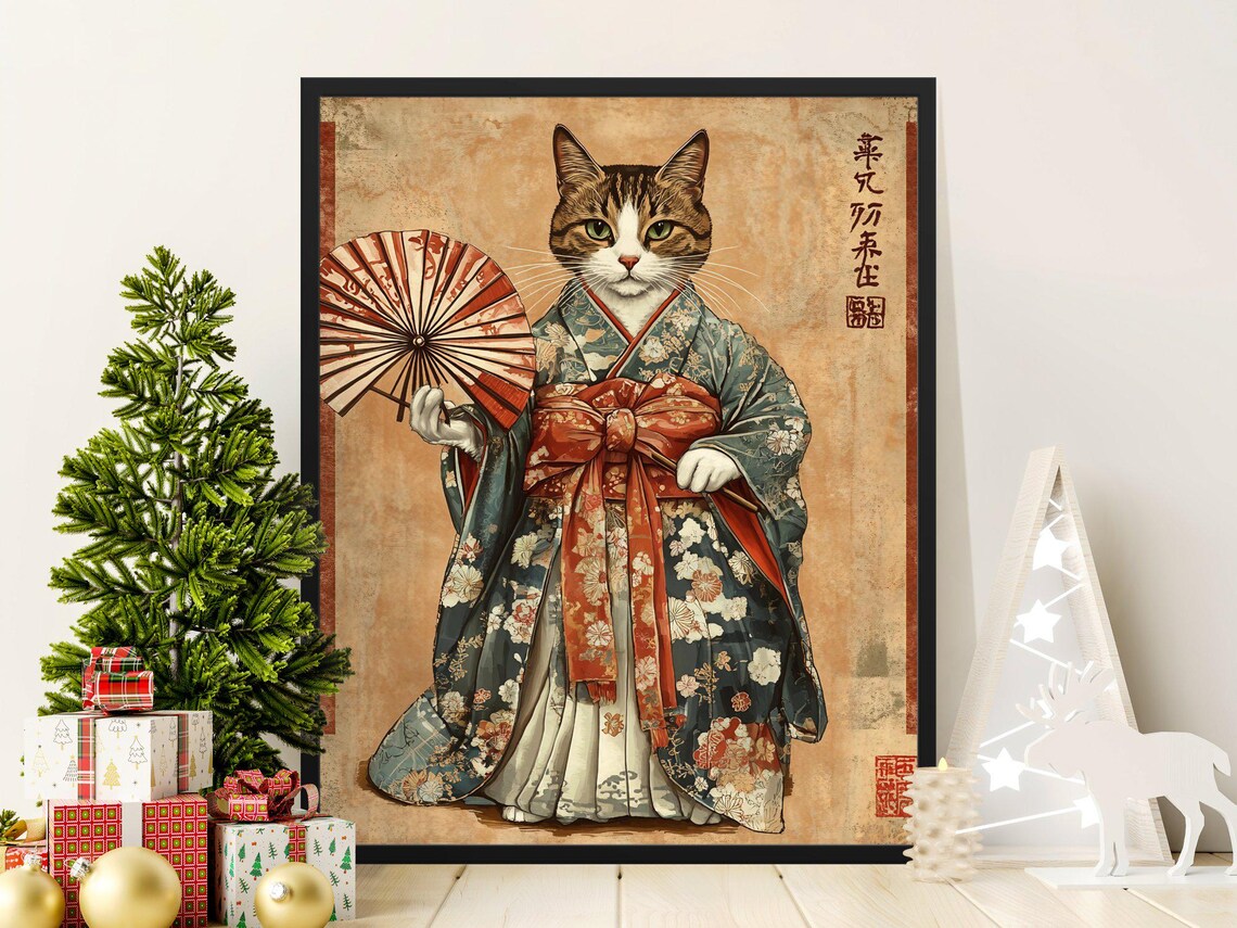 Cat In Kimono Holding Fan Vintage Japanese Portrait Art Poster