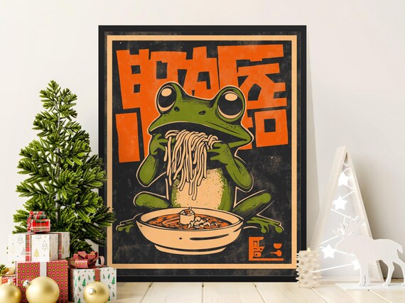 Frog Eating Ramen Noodles Kawaii Retro Japanese Style Funny Frog Poster