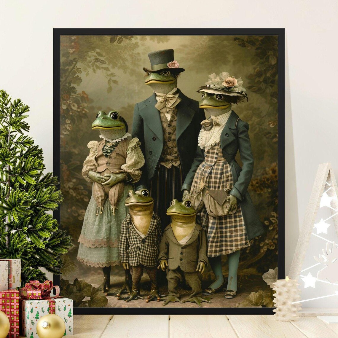 Victorian Frog Family Portrait in Period Clothing Quirky Wall Art