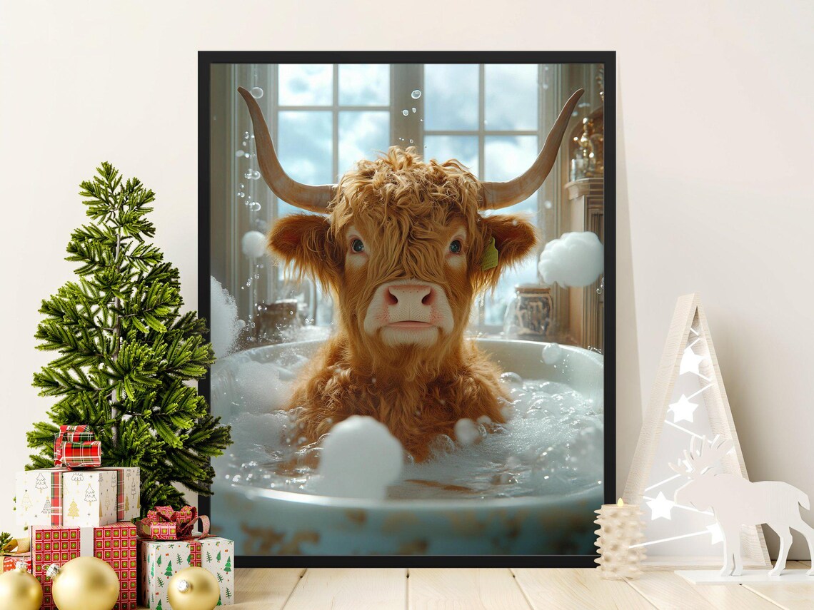 Highland Cow In Bubble Bath Cute Funny Farm Animal Bathroom Poster