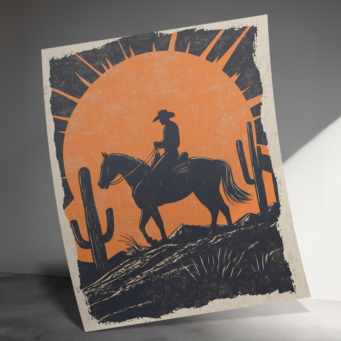 Cowboy on Horse Orange Sunburst Cactus Desert Linocut Style Art Print - Image 3