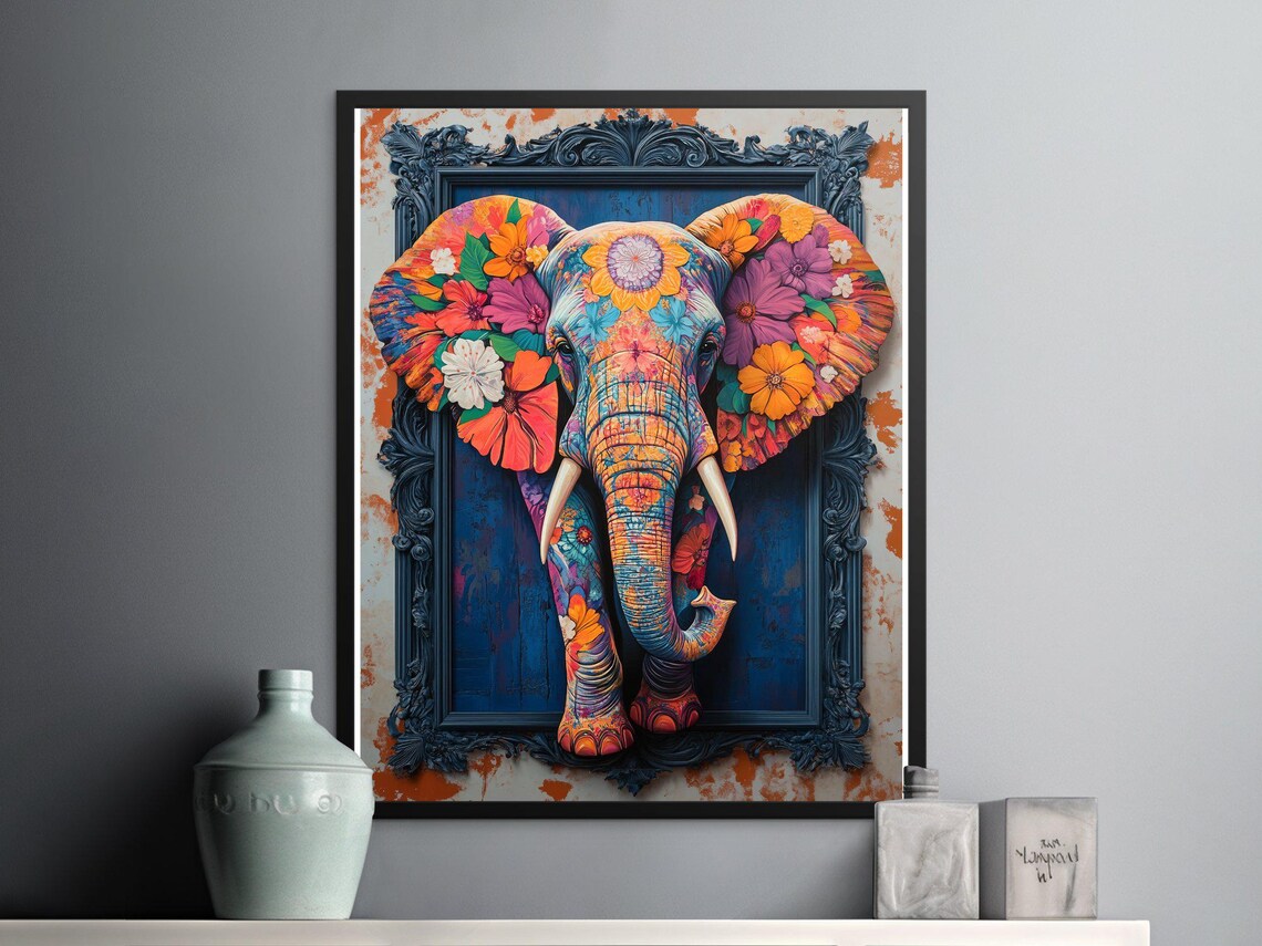 Colorful Floral Elephant Head Blooming Flowers 3D Boho Pop Wall Art Poster - Image 2